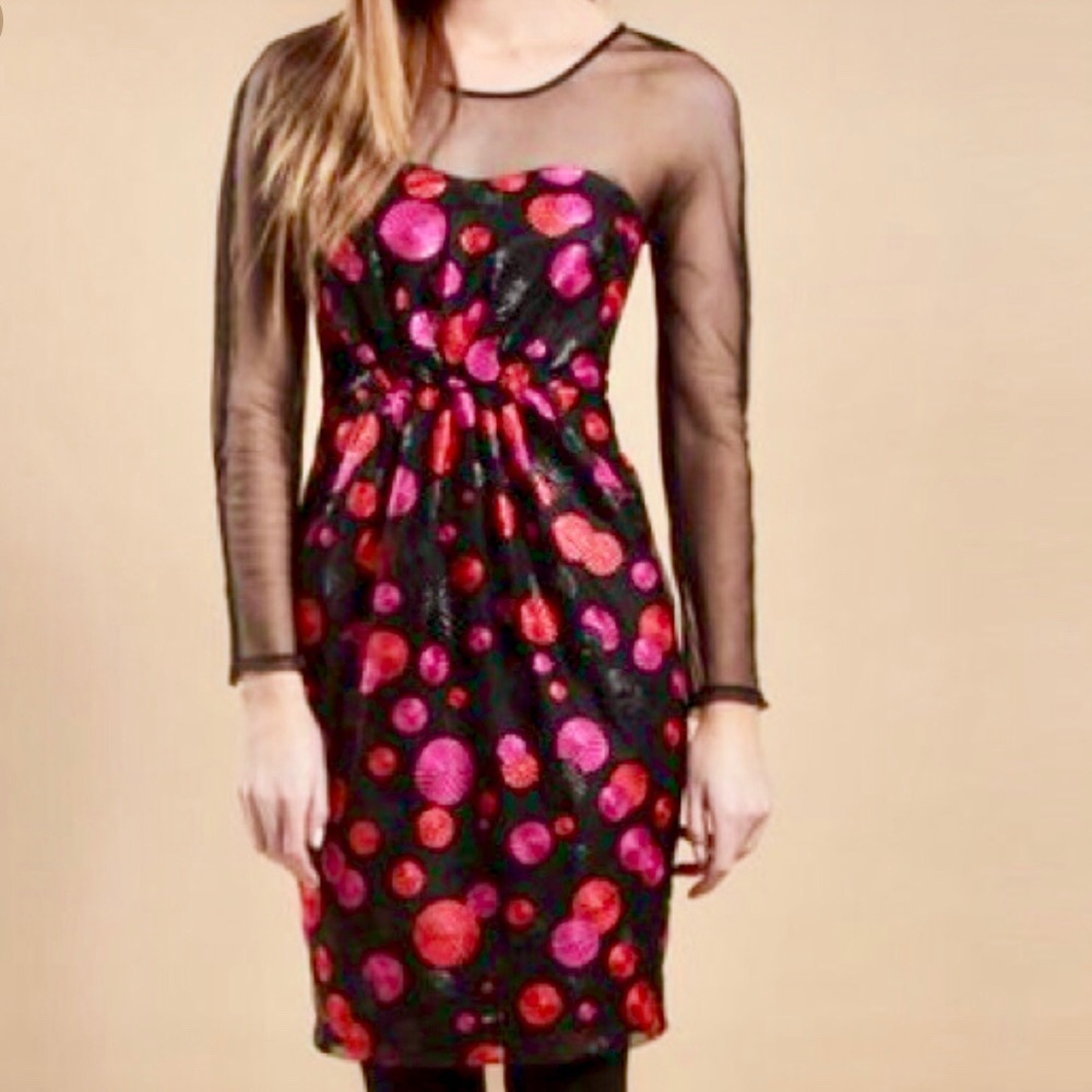 Eva Franco Black, Pink And Red Cocktail Dress With Sheer Long Sleeves Size 8